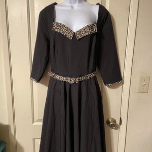 Retro Black Leopard Print Trim Glamour Bunny 3/4 Sleeve Swing Dress with Belt 4X
